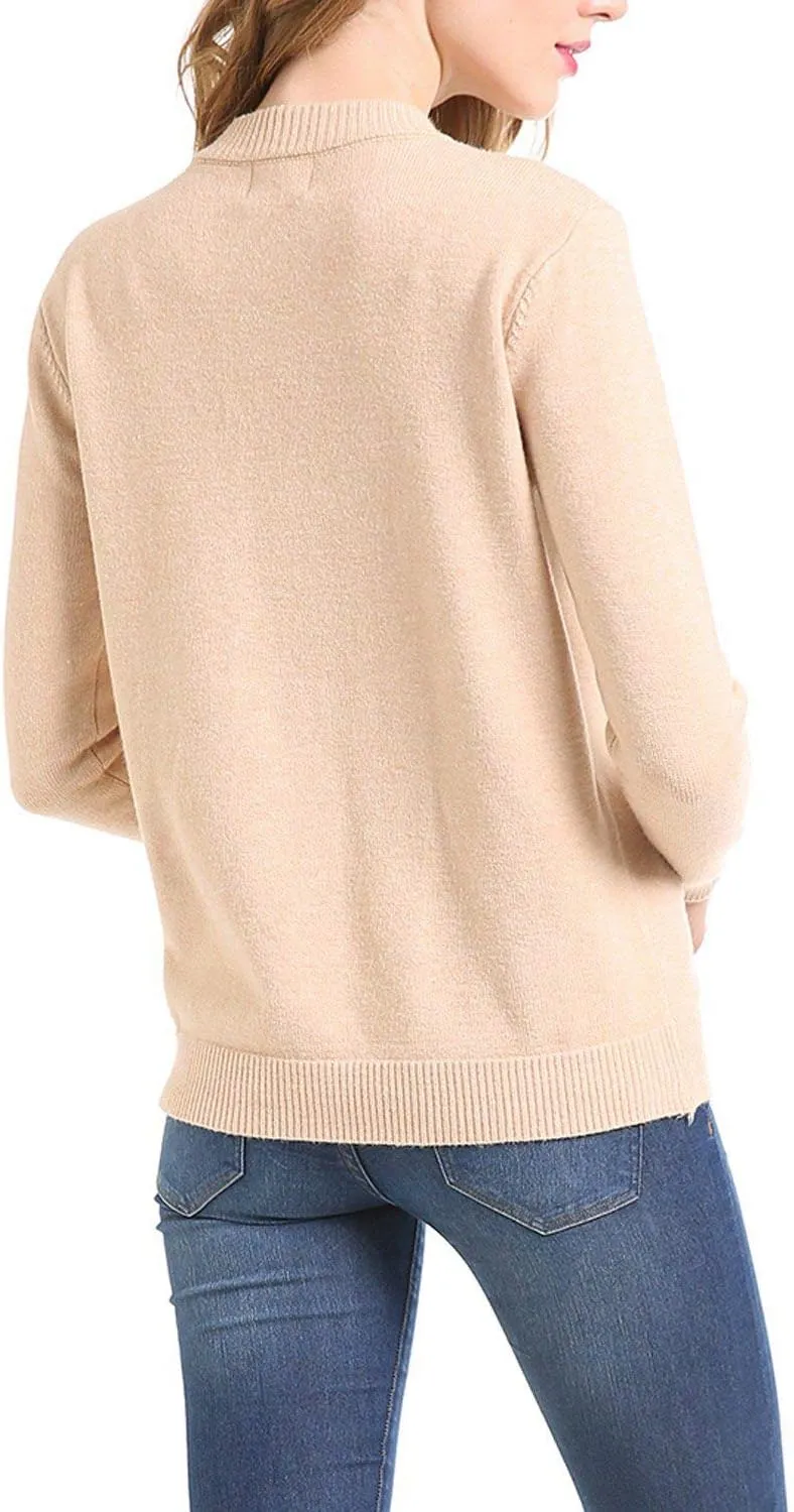 Women Thick Button Down Cardigan Sweaters Crew Neck Medium Weight Long Sleeve