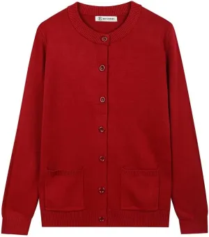Women Thick Button Down Cardigan Sweaters Crew Neck Medium Weight Long Sleeve
