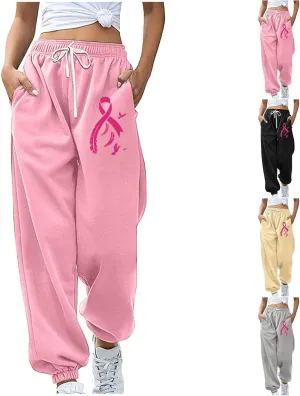 Womens Breast Cancer Awareness Sweatpants Pink Ribbon Print High Wasited Trousers Baggy Workout Active Jogger Pants