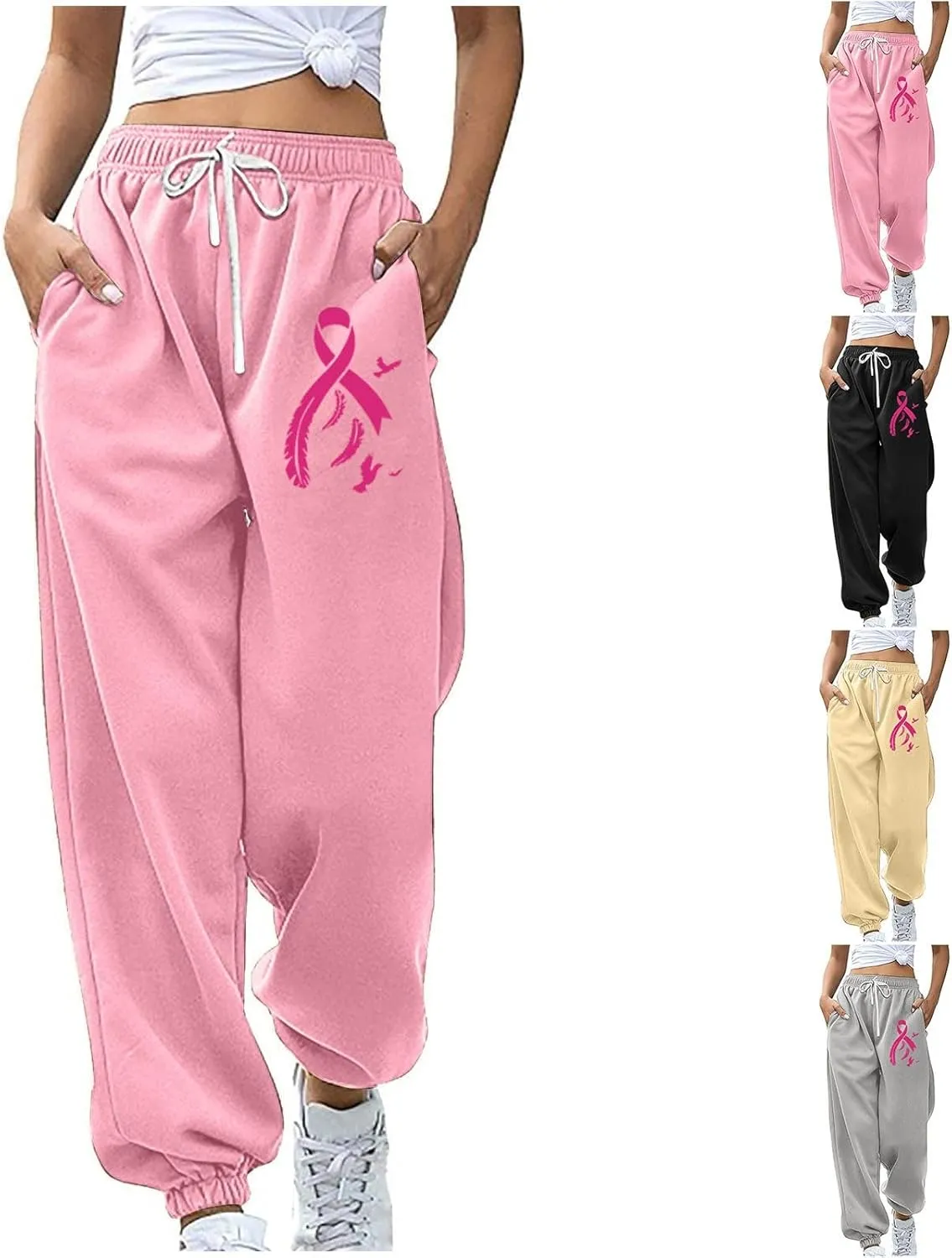 Womens Breast Cancer Awareness Sweatpants Pink Ribbon Print High Wasited Trousers Baggy Workout Active Jogger Pants