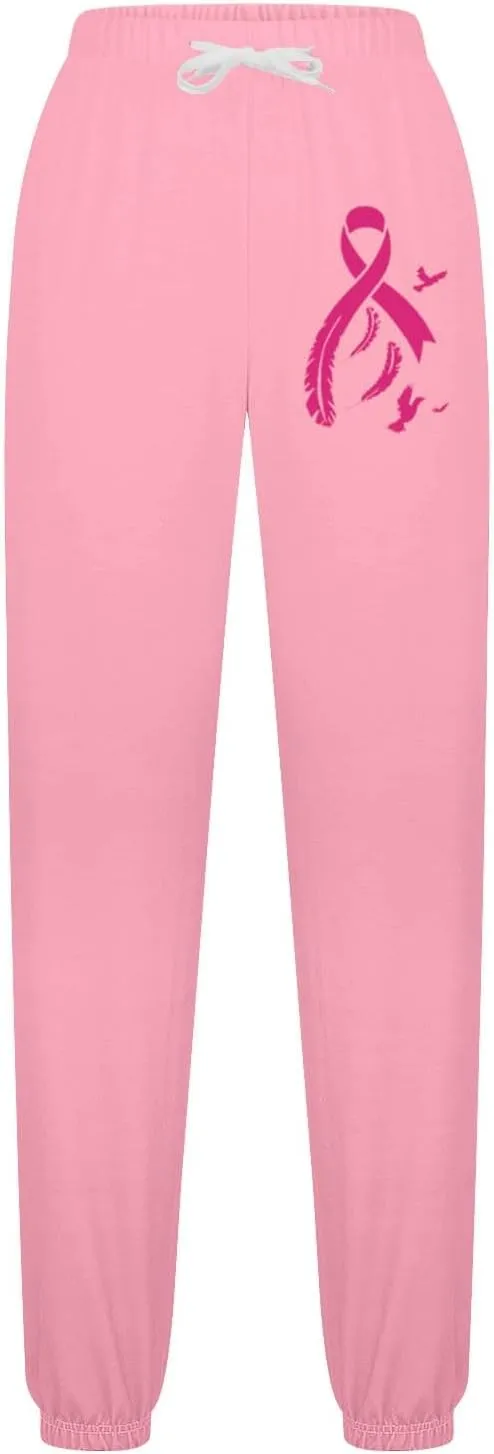 Womens Breast Cancer Awareness Sweatpants Pink Ribbon Print High Wasited Trousers Baggy Workout Active Jogger Pants