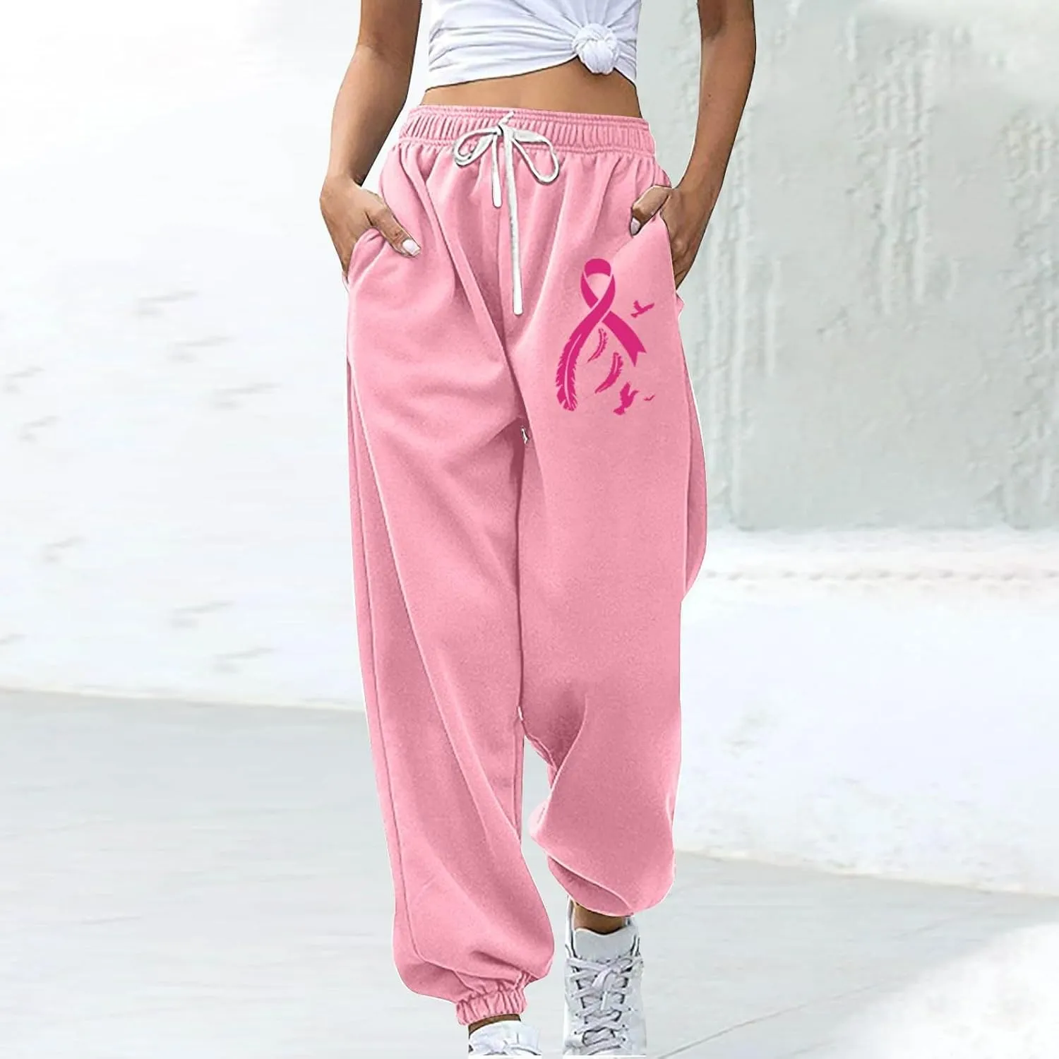 Womens Breast Cancer Awareness Sweatpants Pink Ribbon Print High Wasited Trousers Baggy Workout Active Jogger Pants