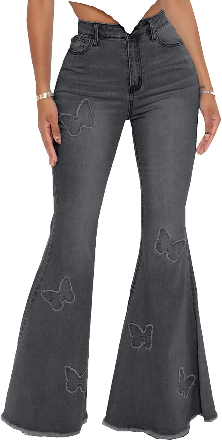 Women's Butterfly Bell Bottom Jeans Elastic High Waisted Embroidered Classic Flareed Jeans Raw Hem Denim Pants with Pocket
