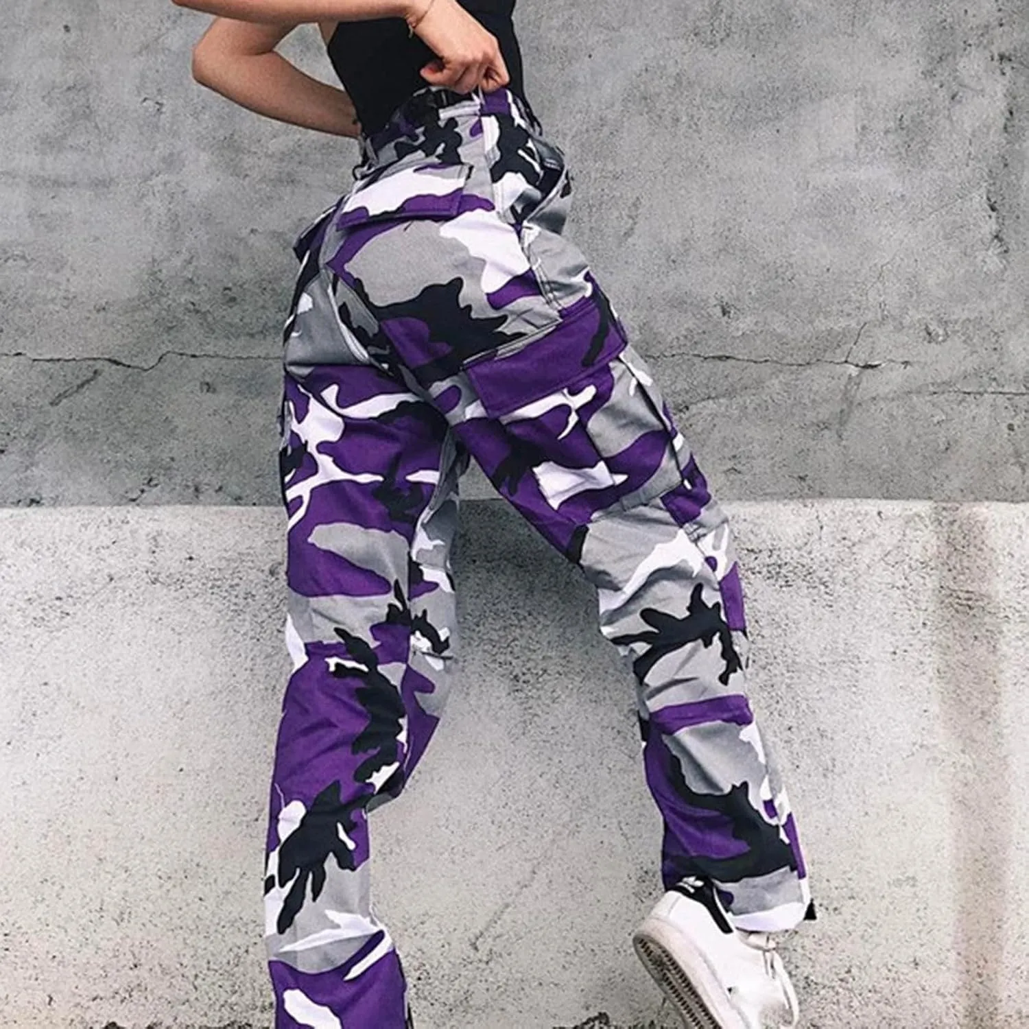 Women's Camo Pants Cargo Trousers High Waist Casual Camouflage Tactical Pants Loose Fit Jogger Pants with Pocket