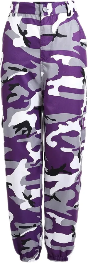 Women's Camo Pants Cargo Trousers High Waist Casual Camouflage Tactical Pants Loose Fit Jogger Pants with Pocket