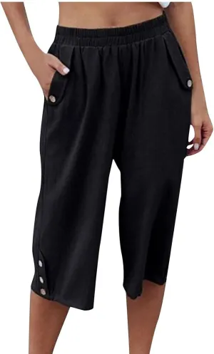Womens Capri Pants Casual Bermuda Linen Cropped Pants Elastic Waist 3/4 Wide Leg Summer Trousers with Pockets