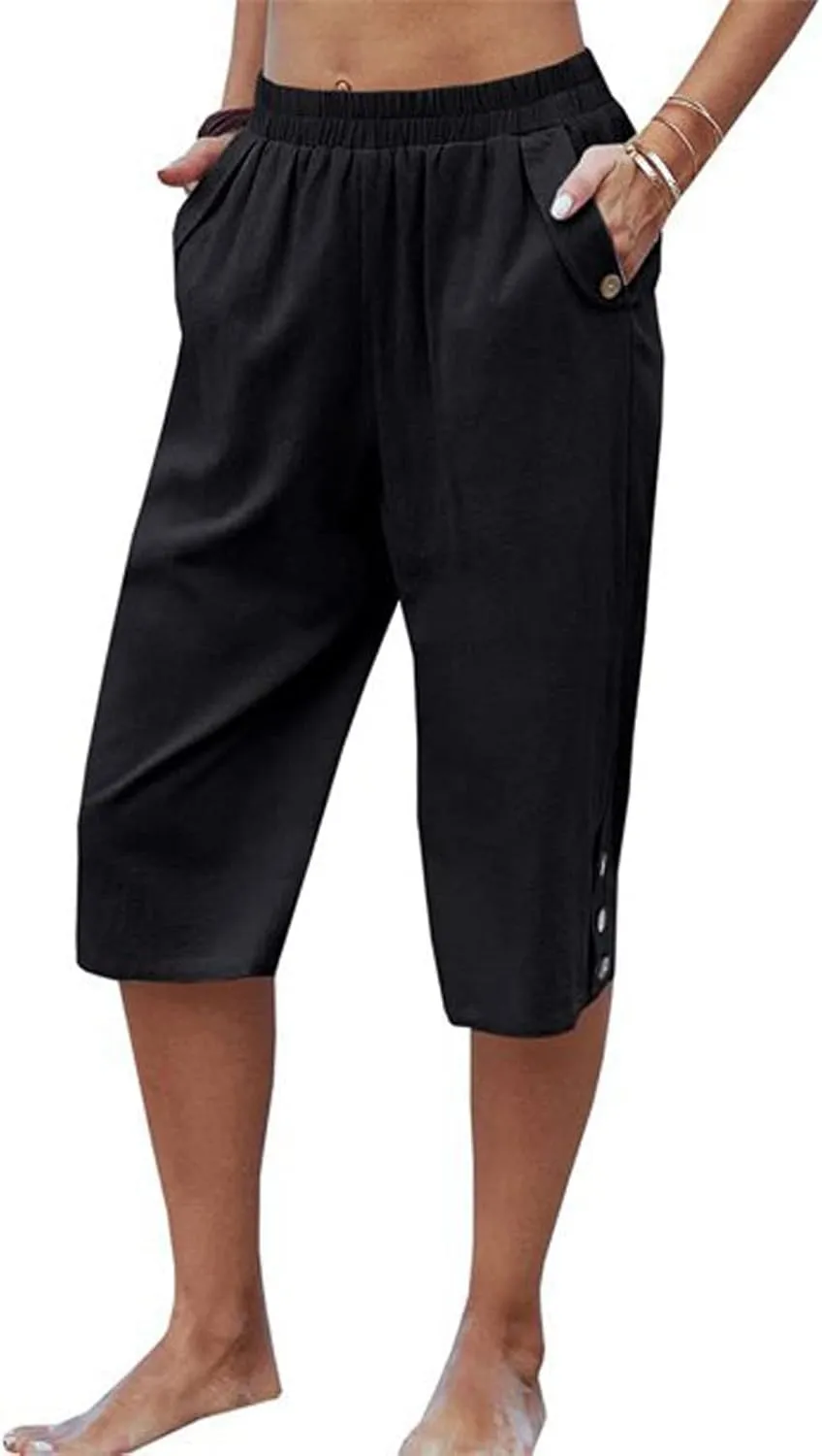Womens Capri Pants Casual Bermuda Linen Cropped Pants Elastic Waist 3/4 Wide Leg Summer Trousers with Pockets