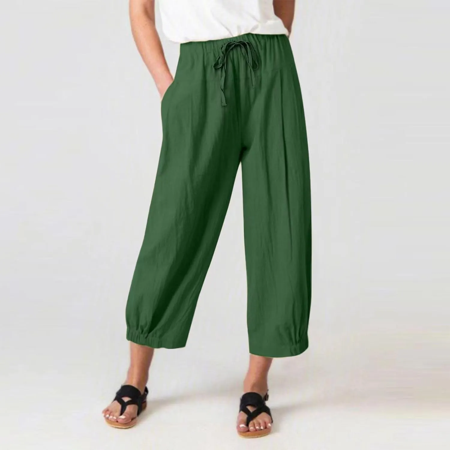 Womens Capri Pants Wide Leg Crop Pants Loose Comfy Drawstring Lounge Yoga Capris Paper Bag Pants with Pockets