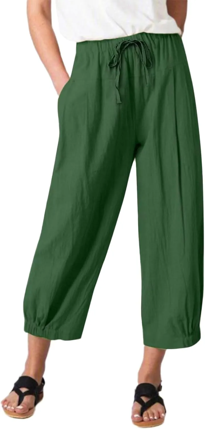 Womens Capri Pants Wide Leg Crop Pants Loose Comfy Drawstring Lounge Yoga Capris Paper Bag Pants with Pockets