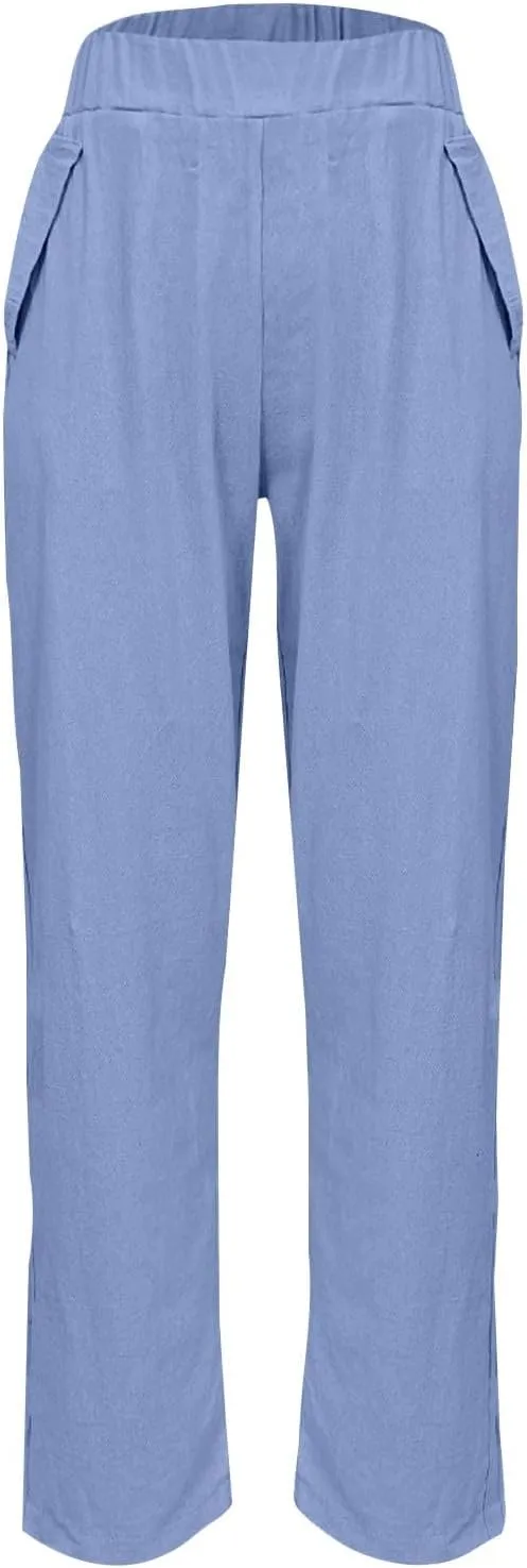 Womens Cargo Pants, Women's Casual Pants Peasant Straight Leg Linen Elastic Waist