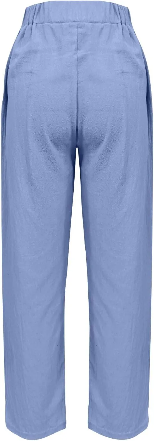 Womens Cargo Pants, Women's Casual Pants Peasant Straight Leg Linen Elastic Waist