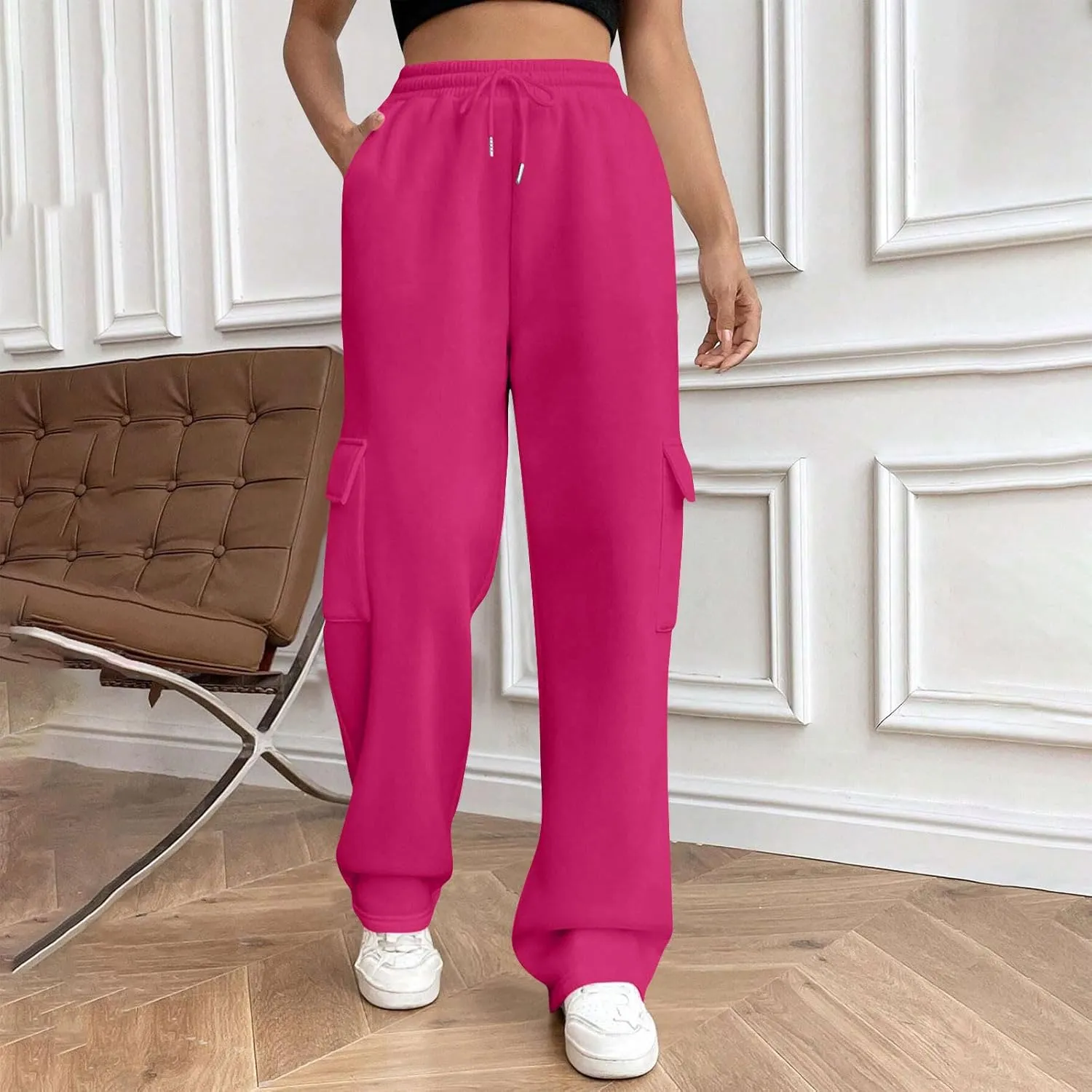 Womens Cargo Sweatpants Casual Baggy Fleece Trousers High Waisted Drawstring Joggers Pants with Pockets