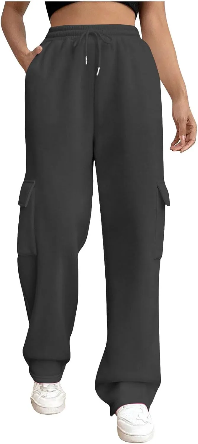 Womens Cargo Sweatpants Casual Baggy Fleece Trousers High Waisted Drawstring Joggers Pants with Pockets