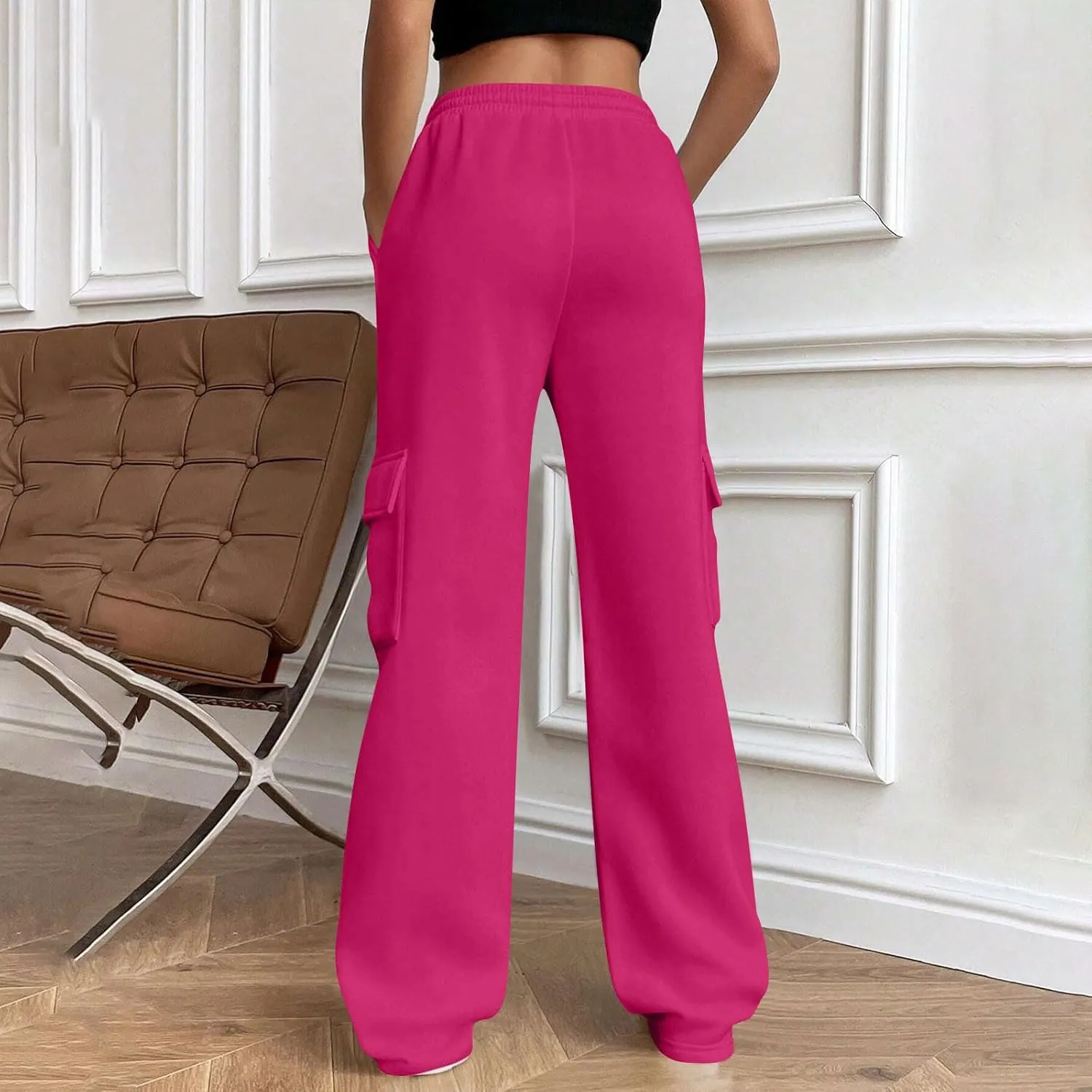 Womens Cargo Sweatpants Casual Baggy Fleece Trousers High Waisted Drawstring Joggers Pants with Pockets