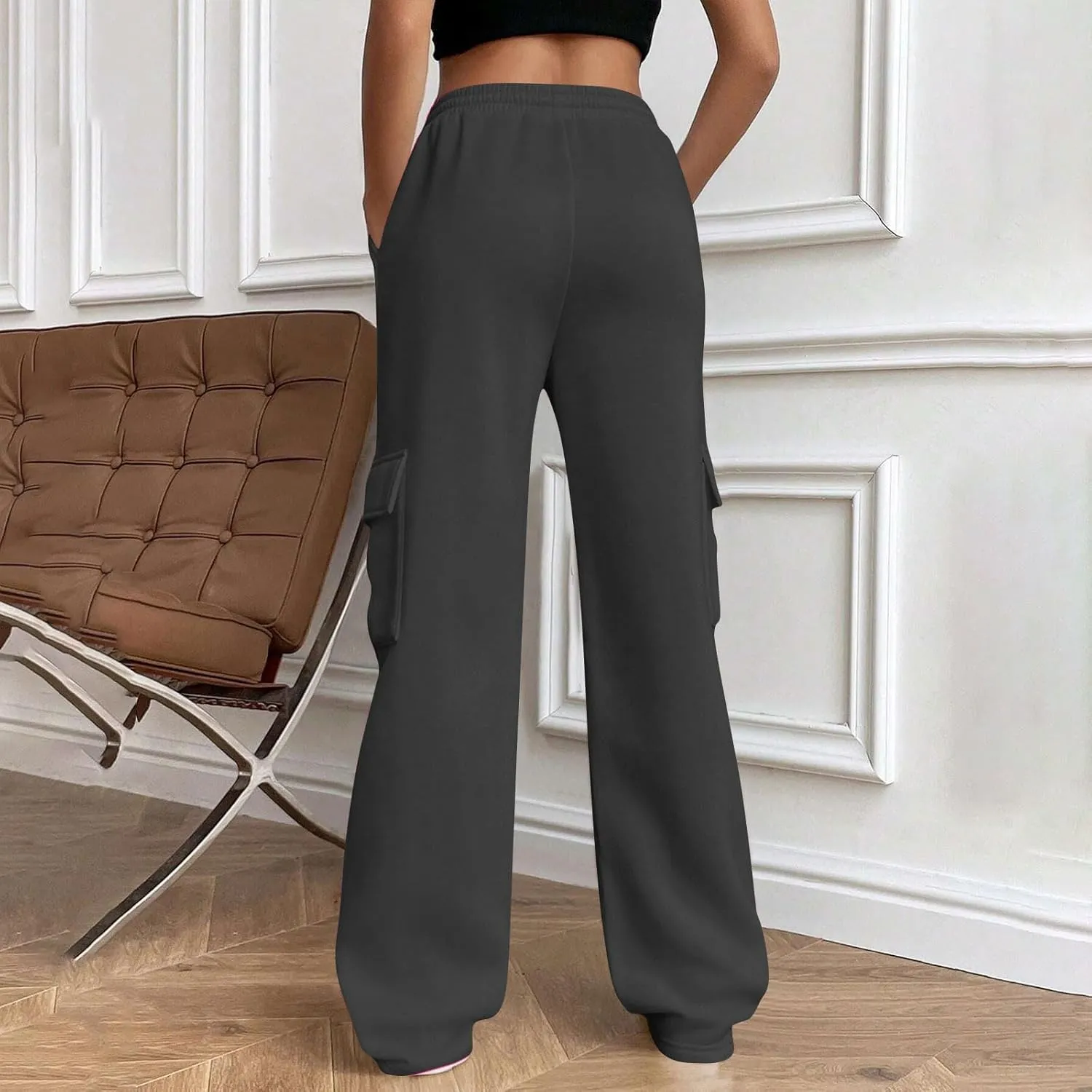 Womens Cargo Sweatpants Casual Baggy Fleece Trousers High Waisted Drawstring Joggers Pants with Pockets