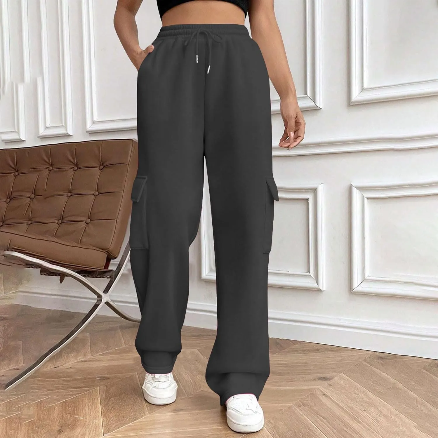 Womens Cargo Sweatpants Casual Baggy Fleece Trousers High Waisted Drawstring Joggers Pants with Pockets
