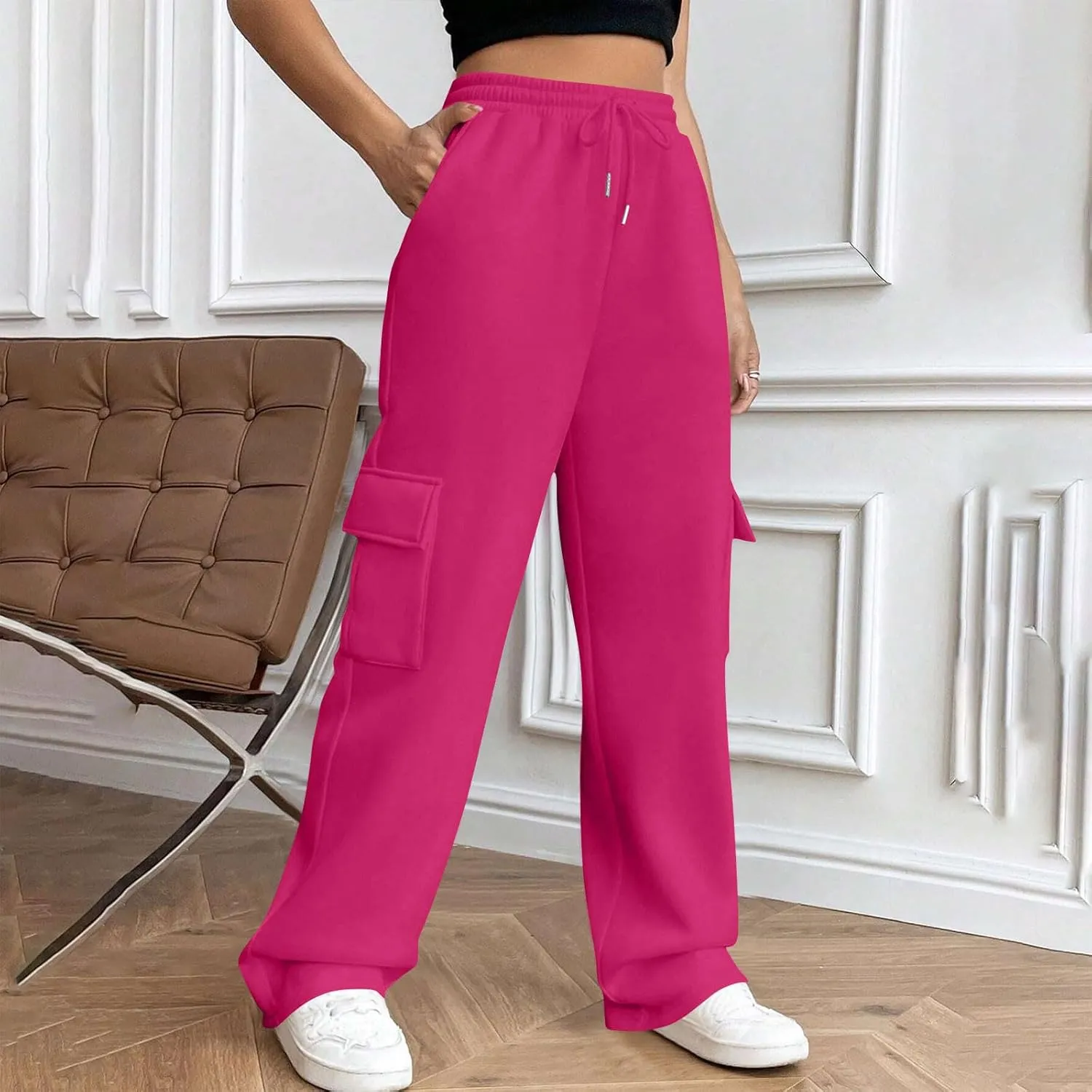 Womens Cargo Sweatpants Casual Baggy Fleece Trousers High Waisted Drawstring Joggers Pants with Pockets