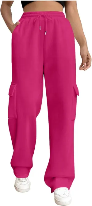 Womens Cargo Sweatpants Casual Baggy Fleece Trousers High Waisted Drawstring Joggers Pants with Pockets