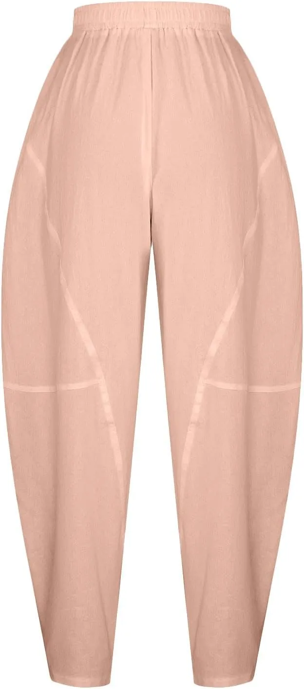 Womens Casual Cotton Linen Baggy Pants Elastic Waist Harem Trousers with Pockets Solid Casual Lightweight Pants
