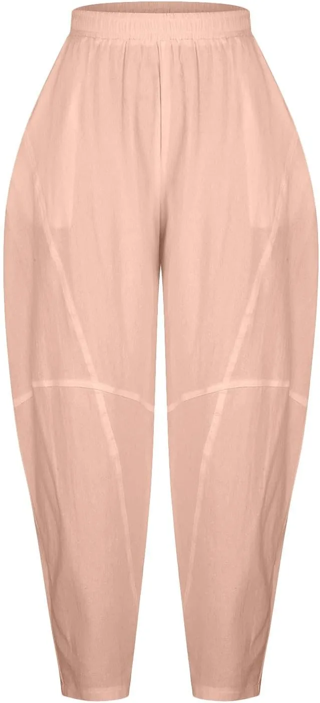 Womens Casual Cotton Linen Baggy Pants Elastic Waist Harem Trousers with Pockets Solid Casual Lightweight Pants