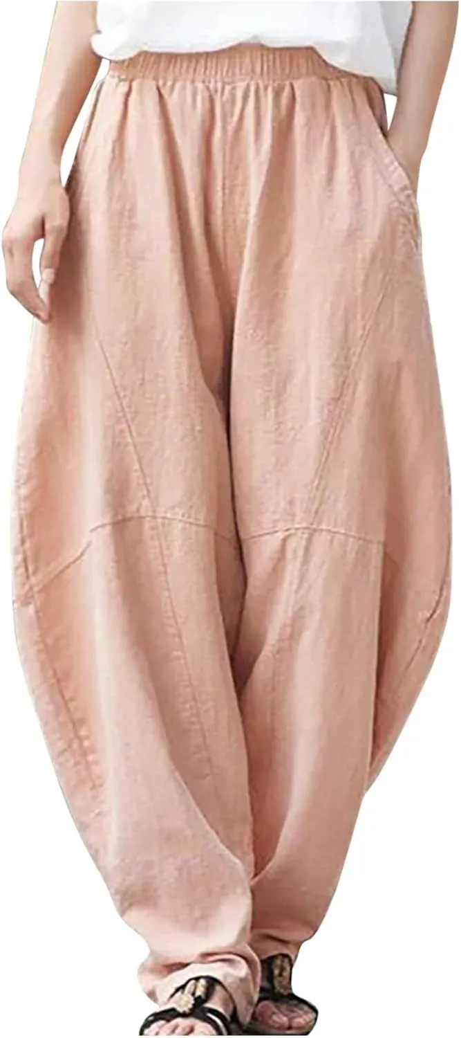 Womens Casual Cotton Linen Baggy Pants Elastic Waist Harem Trousers with Pockets Solid Casual Lightweight Pants