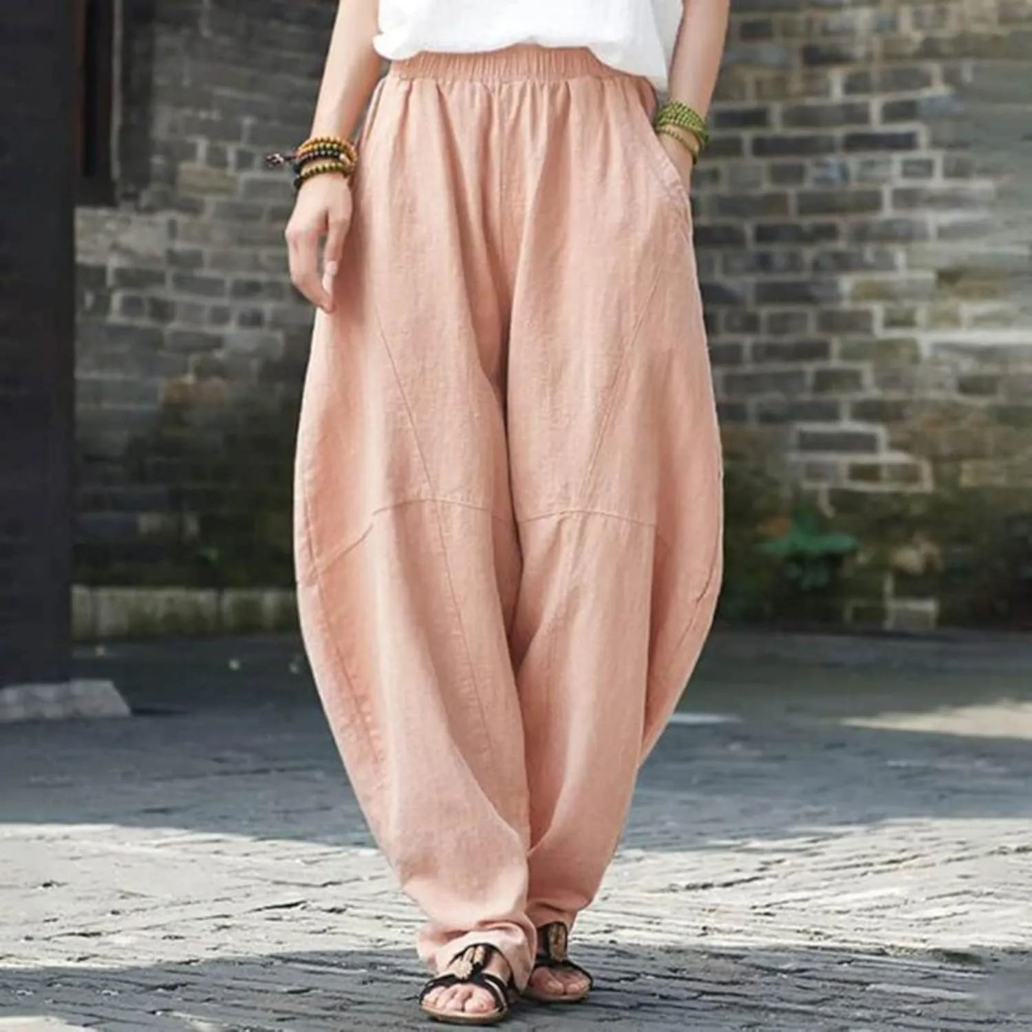 Womens Casual Cotton Linen Baggy Pants Elastic Waist Harem Trousers with Pockets Solid Casual Lightweight Pants