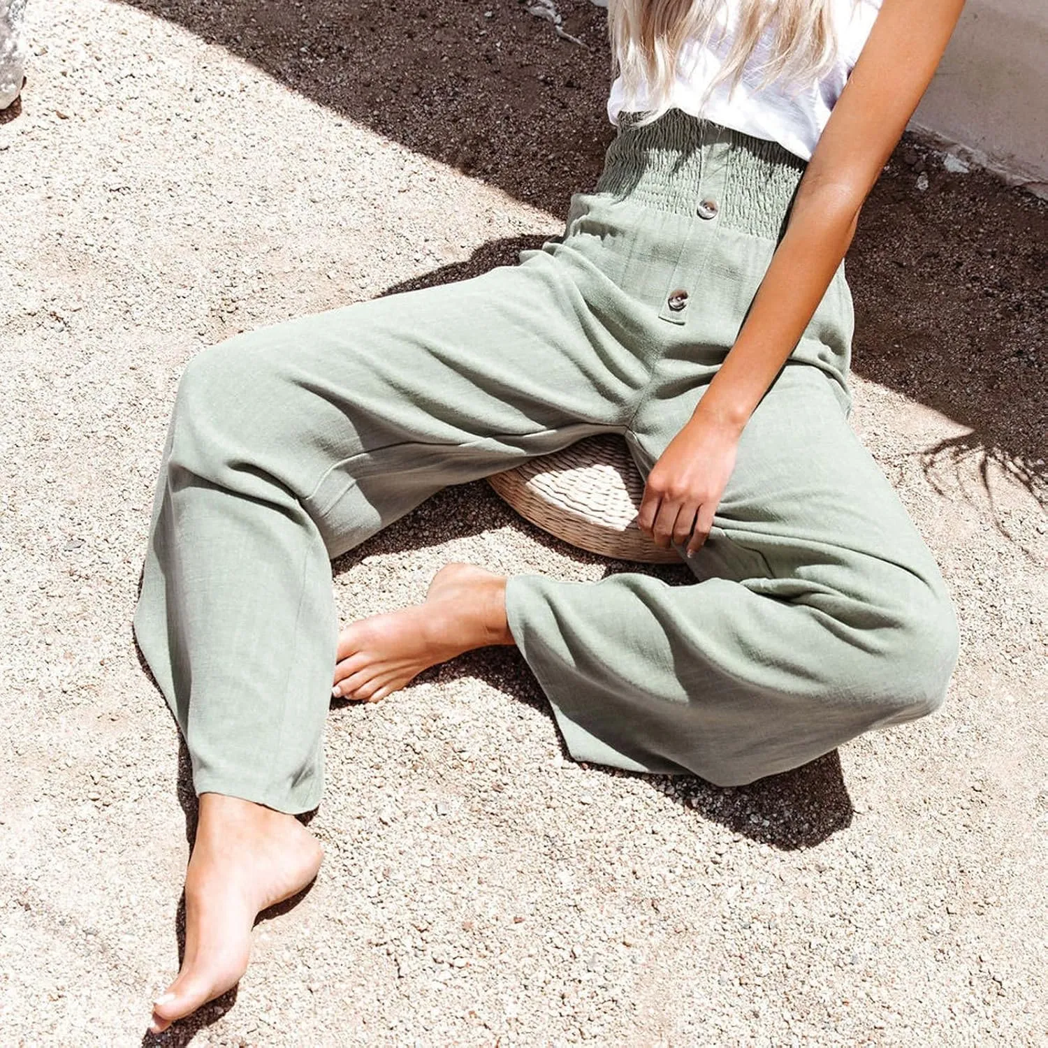 Women's Casual Cotton Linen Button Down Pants Ruffled High Waist Wide Leg Trousers Business Casual Pants with Pockets