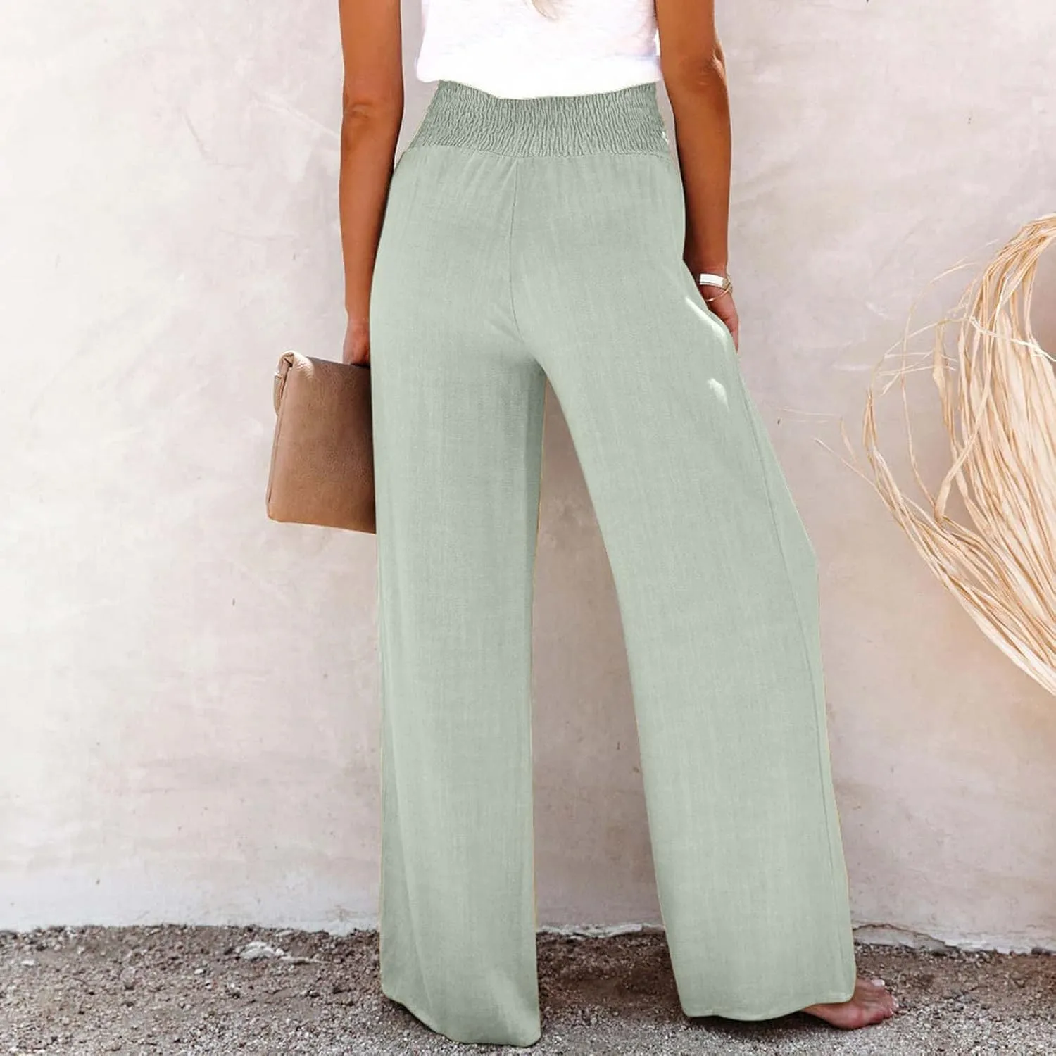 Women's Casual Cotton Linen Button Down Pants Ruffled High Waist Wide Leg Trousers Business Casual Pants with Pockets