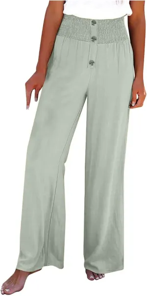 Women's Casual Cotton Linen Button Down Pants Ruffled High Waist Wide Leg Trousers Business Casual Pants with Pockets