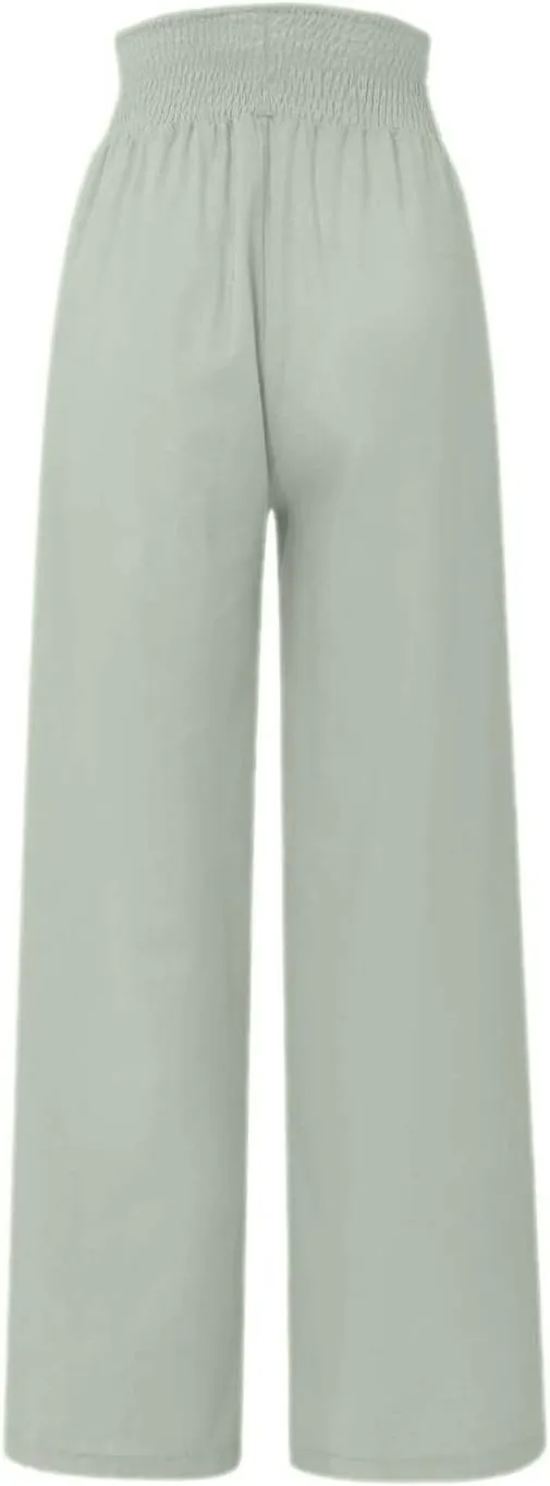 Women's Casual Cotton Linen Button Down Pants Ruffled High Waist Wide Leg Trousers Business Casual Pants with Pockets
