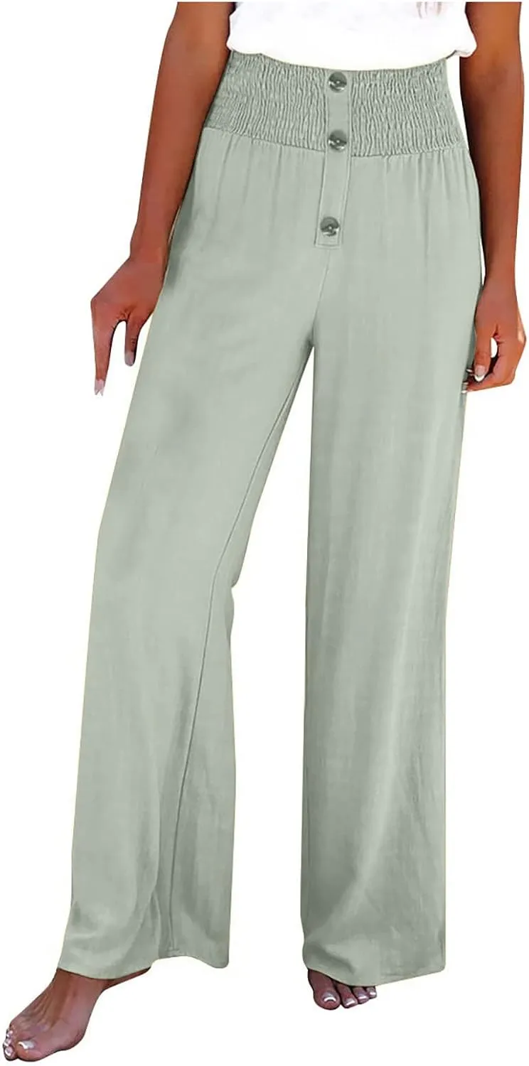 Women's Casual Cotton Linen Button Down Pants Ruffled High Waist Wide Leg Trousers Business Casual Pants with Pockets