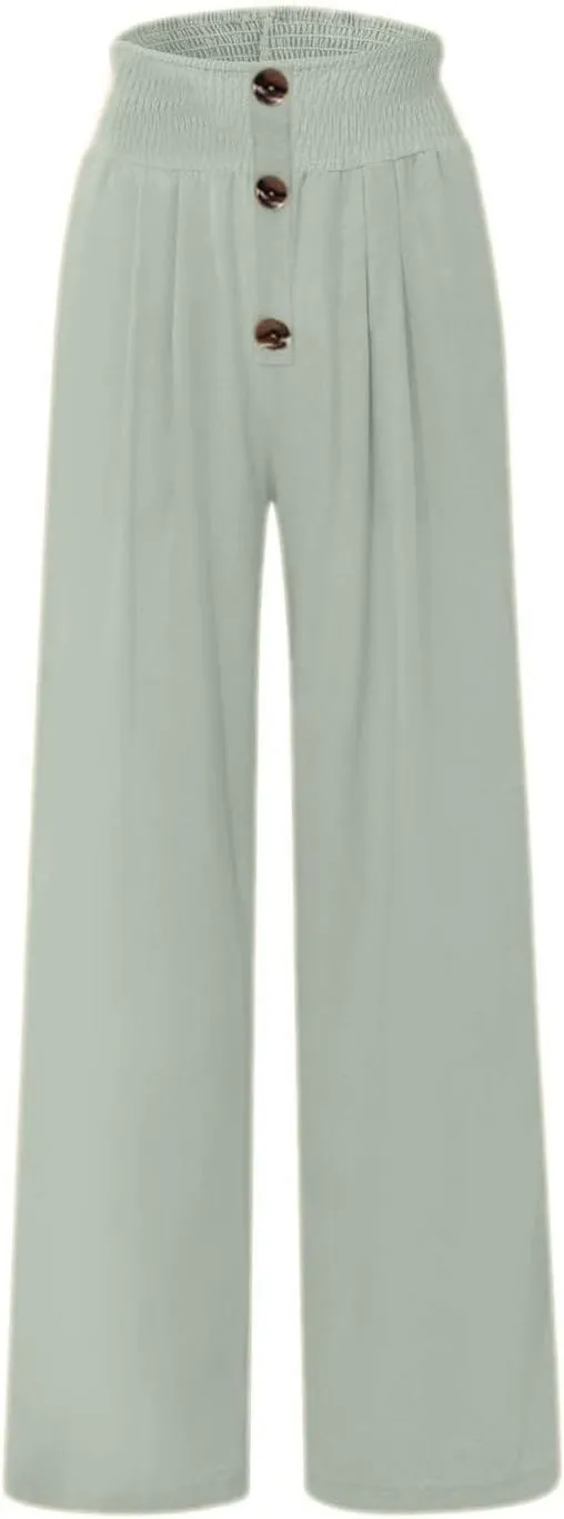 Women's Casual Cotton Linen Button Down Pants Ruffled High Waist Wide Leg Trousers Business Casual Pants with Pockets