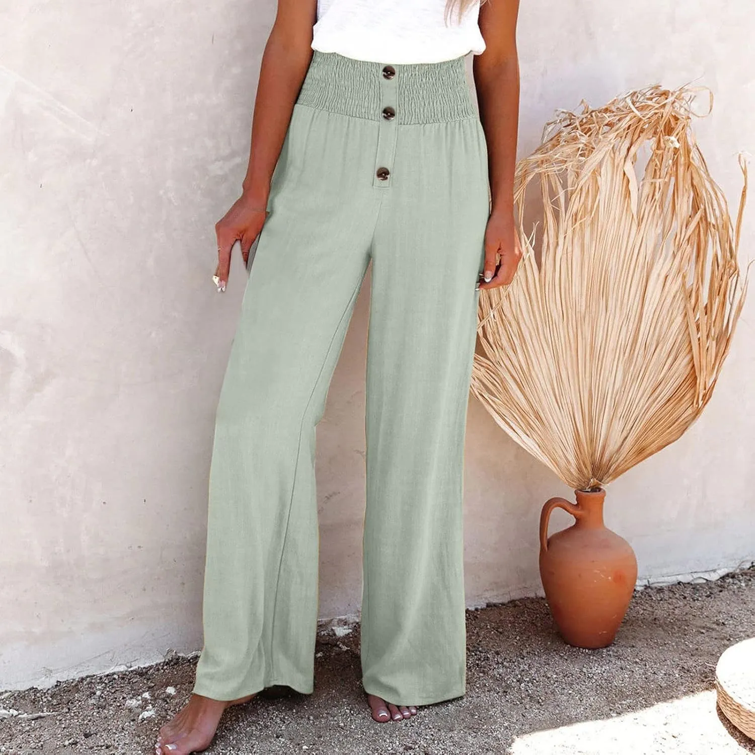 Women's Casual Cotton Linen Button Down Pants Ruffled High Waist Wide Leg Trousers Business Casual Pants with Pockets