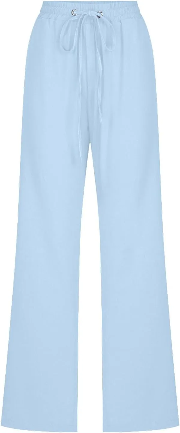 Womens Casual Linen High Waist Pants Plus Size Drawstring Summer Beach Pants Loose Lightweight Trousers with Pockets