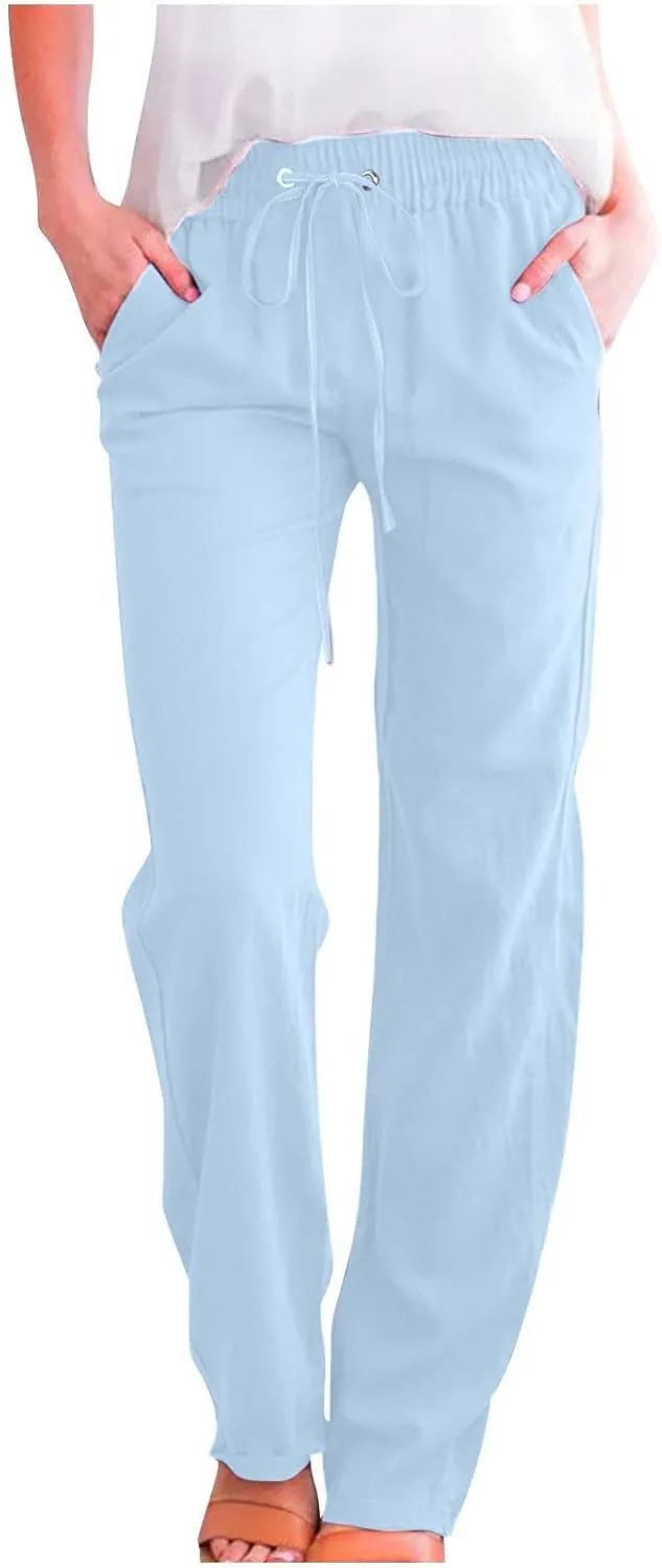 Womens Casual Linen High Waist Pants Plus Size Drawstring Summer Beach Pants Loose Lightweight Trousers with Pockets