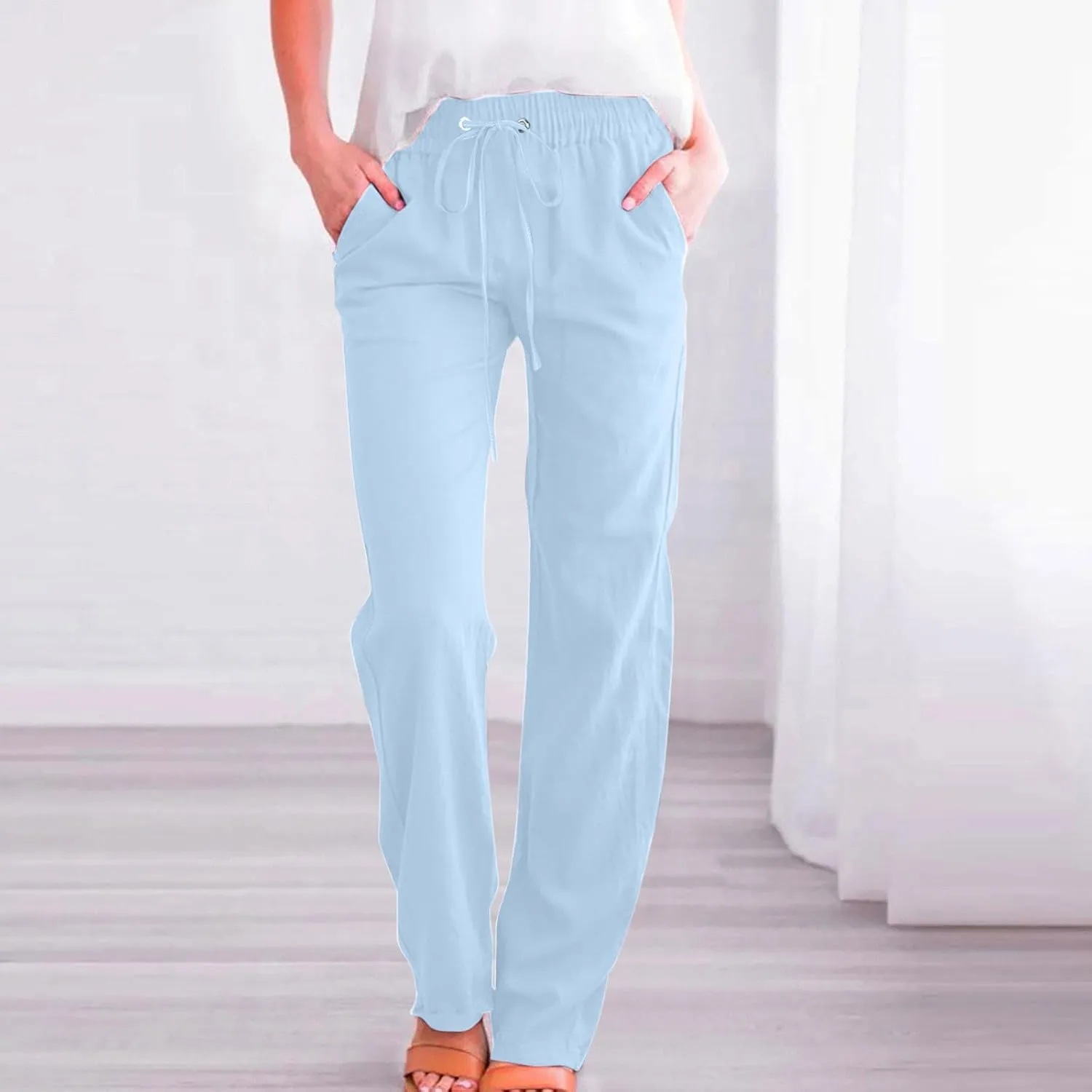 Womens Casual Linen High Waist Pants Plus Size Drawstring Summer Beach Pants Loose Lightweight Trousers with Pockets