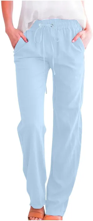Womens Casual Linen High Waist Pants Plus Size Drawstring Summer Beach Pants Loose Lightweight Trousers with Pockets