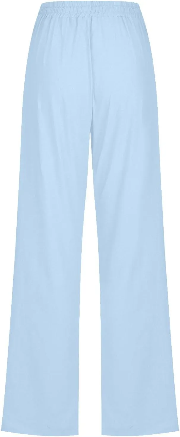 Womens Casual Linen High Waist Pants Plus Size Drawstring Summer Beach Pants Loose Lightweight Trousers with Pockets