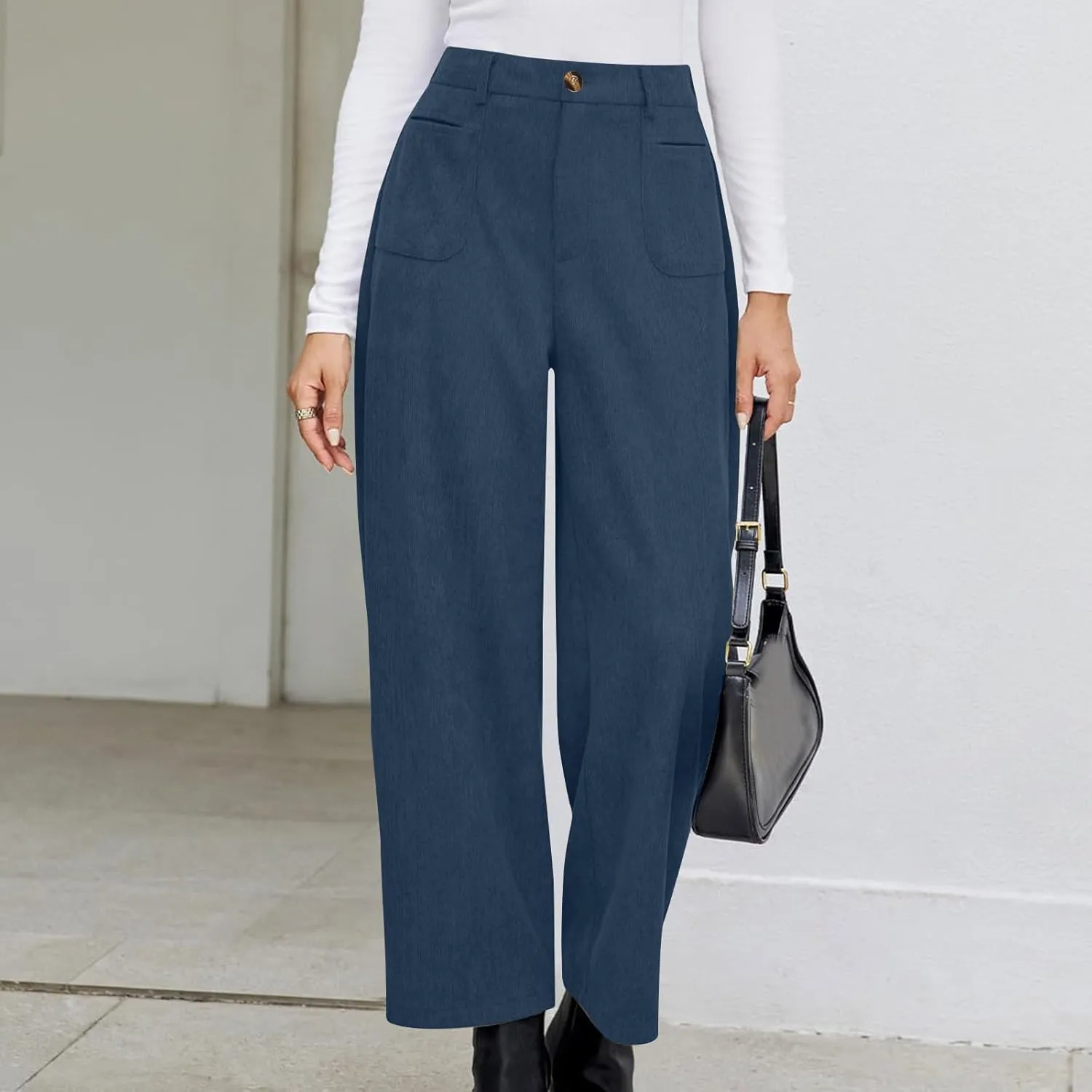 Women's Corduroy Pants High Waist Straight Leg Pant Casual Elastic Waist Sweatpants Stretchy Loose Wide Leg Trousers