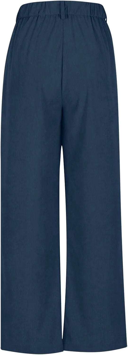 Women's Corduroy Pants High Waist Straight Leg Pant Casual Elastic Waist Sweatpants Stretchy Loose Wide Leg Trousers