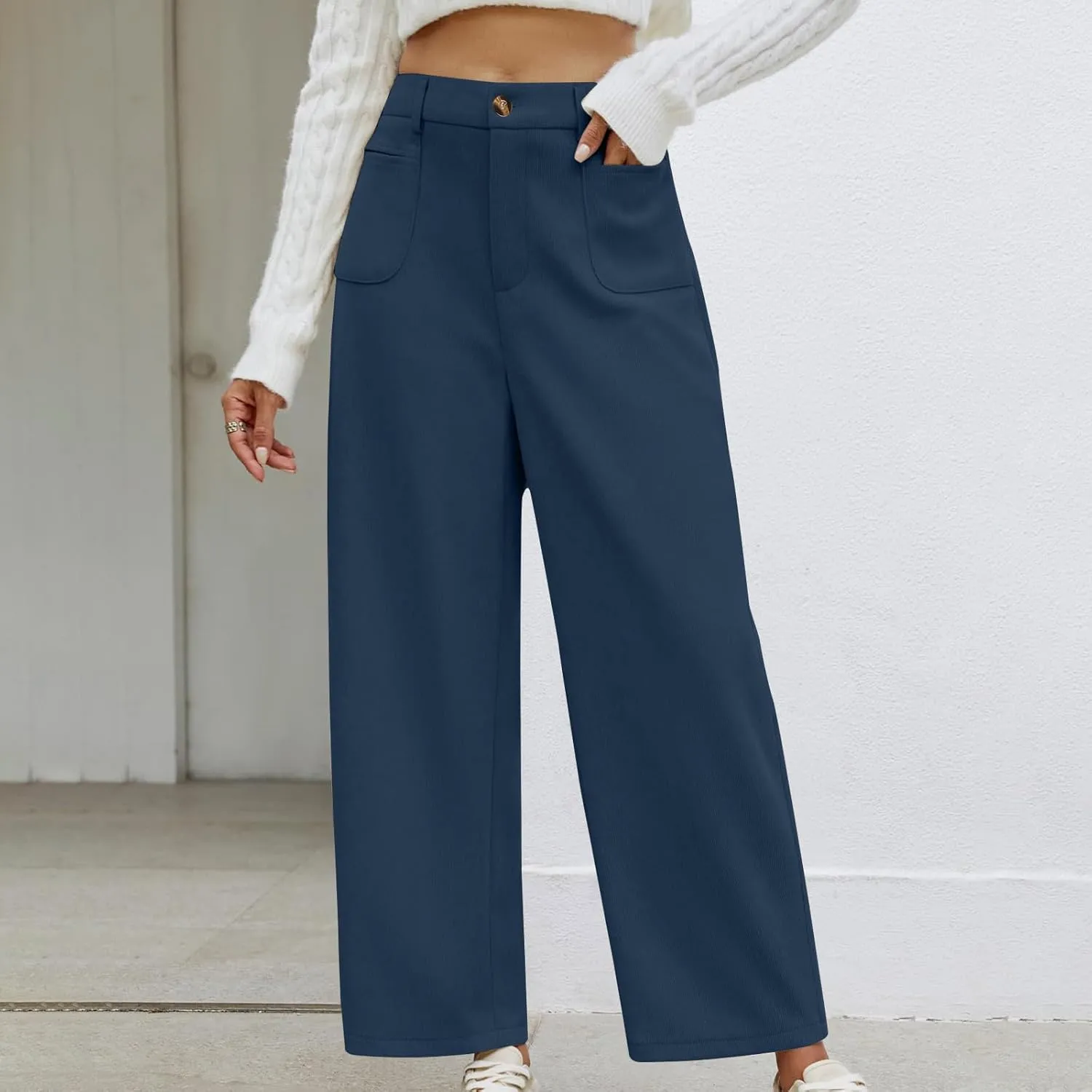 Women's Corduroy Pants High Waist Straight Leg Pant Casual Elastic Waist Sweatpants Stretchy Loose Wide Leg Trousers