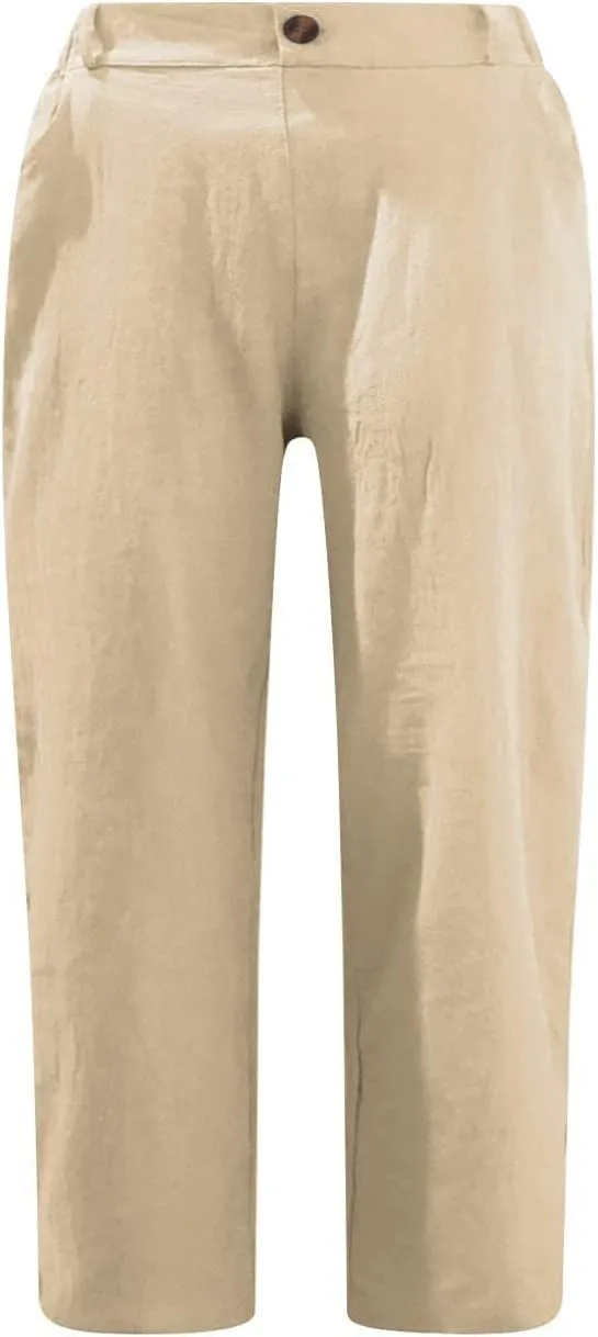 Womens Cotton Linen Capris Pants Solid High Waist Button Wide Leg Pant Summer Casual Trousers with Pockets