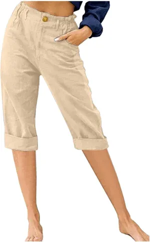 Womens Cotton Linen Capris Pants Solid High Waist Button Wide Leg Pant Summer Casual Trousers with Pockets