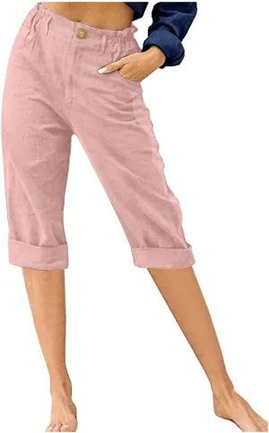 Womens Cotton Linen Capris Pants Solid High Waist Button Wide Leg Pant Summer Casual Trousers with Pockets