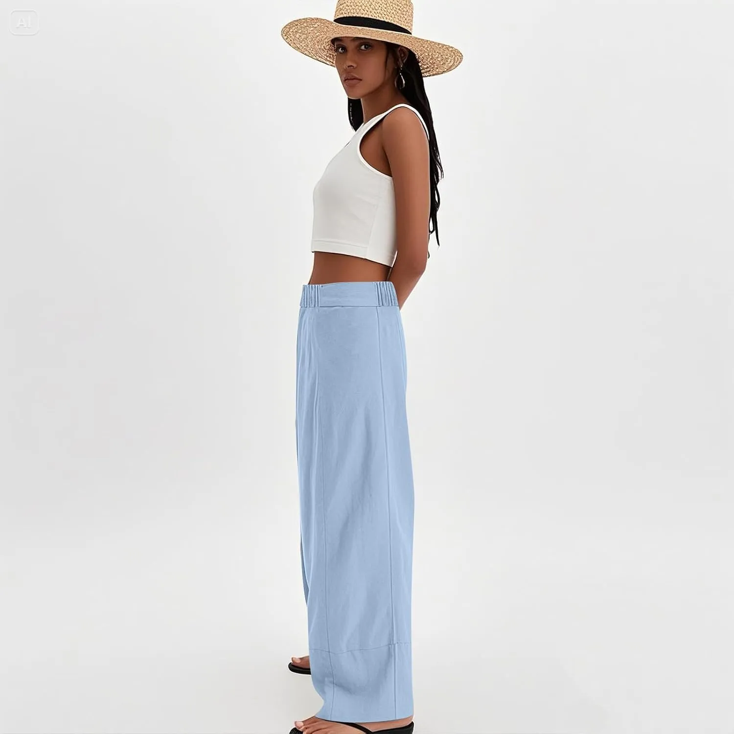 Women's Cotton Linen Palazzo Pants Summer Baggy Casual Wide Leg Pants High Waisted Flowy Lounge Trousers with Pockets