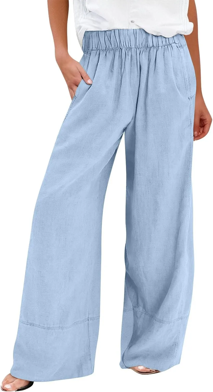 Women's Cotton Linen Palazzo Pants Summer Baggy Casual Wide Leg Pants High Waisted Flowy Lounge Trousers with Pockets