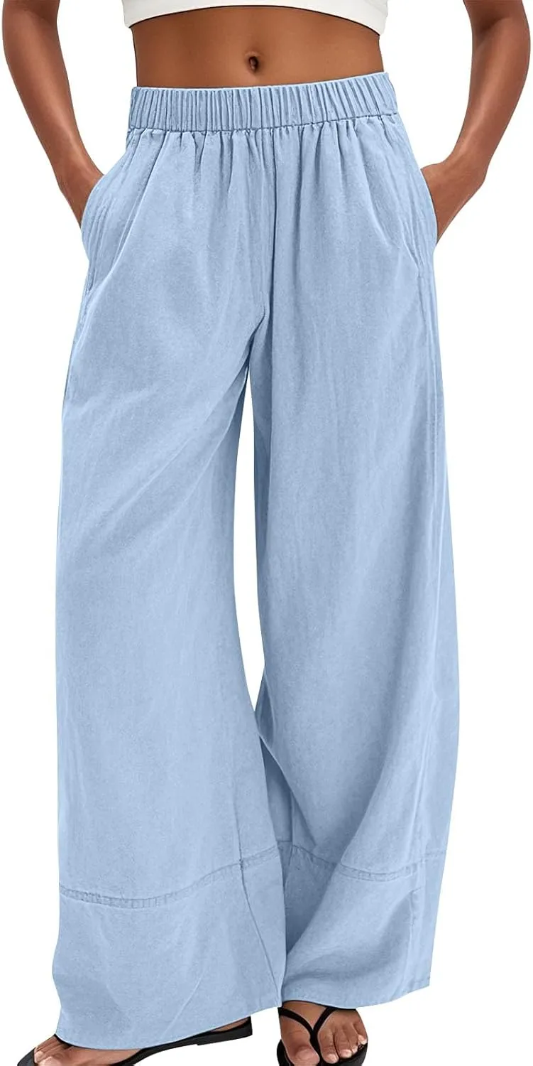 Women's Cotton Linen Palazzo Pants Summer Baggy Casual Wide Leg Pants High Waisted Flowy Lounge Trousers with Pockets