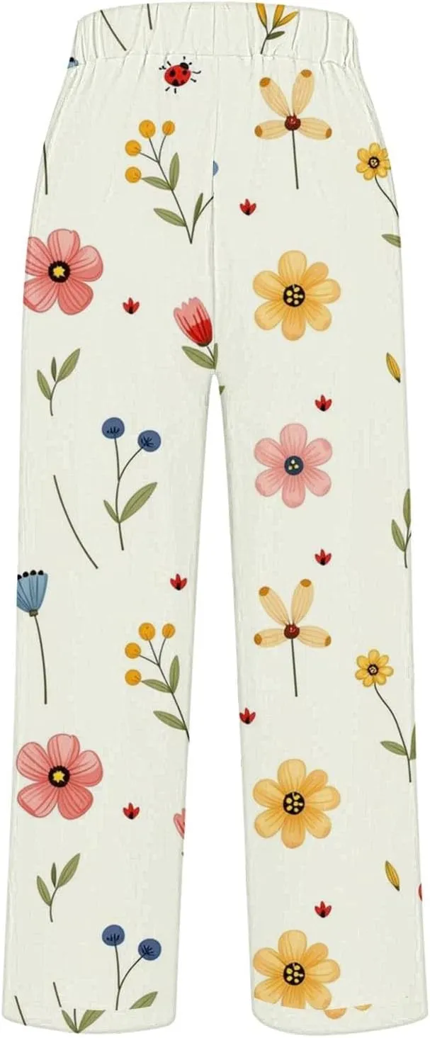 Women's Cotton Linen Pants Casual Vintage Floral Print Elastic Waist Drawstring Summer Beach Baggy Capri with Pockets