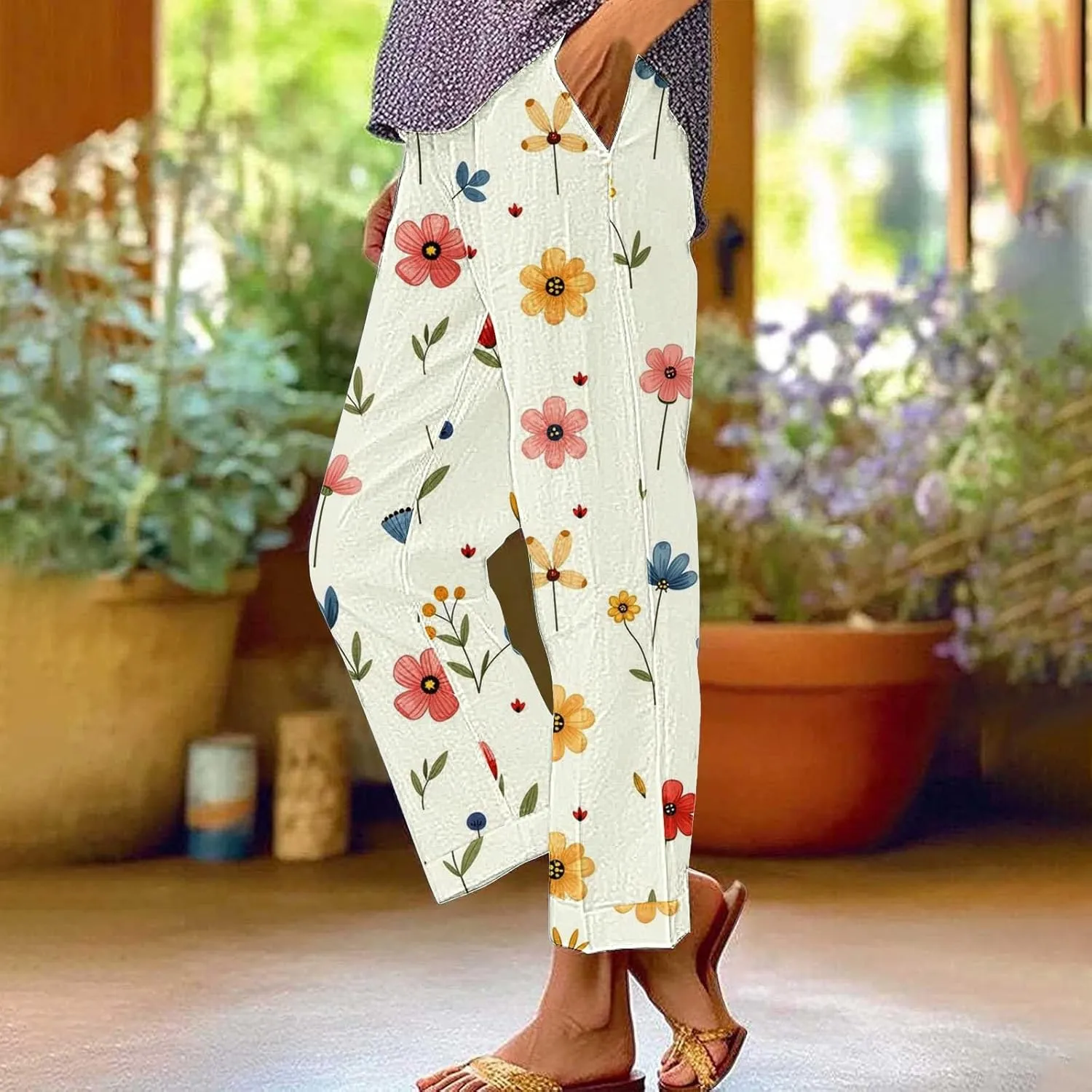 Women's Cotton Linen Pants Casual Vintage Floral Print Elastic Waist Drawstring Summer Beach Baggy Capri with Pockets