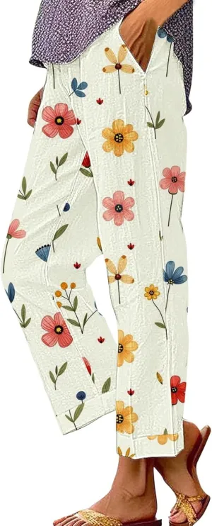 Women's Cotton Linen Pants Casual Vintage Floral Print Elastic Waist Drawstring Summer Beach Baggy Capri with Pockets
